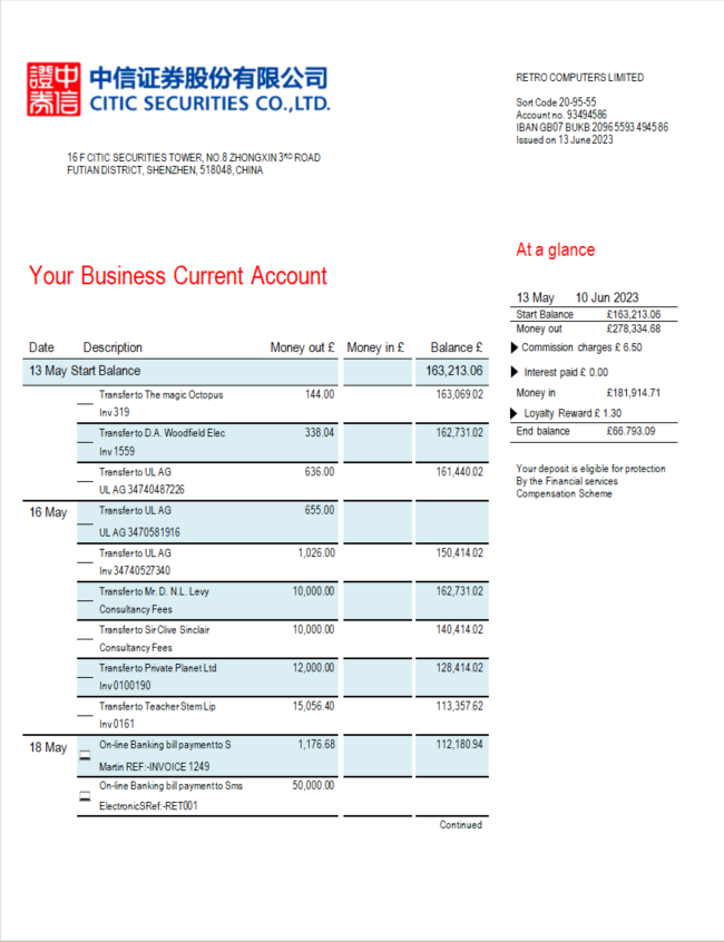 Modèle Word et PDF de relevé de compte de la société bancaire Citic Securities